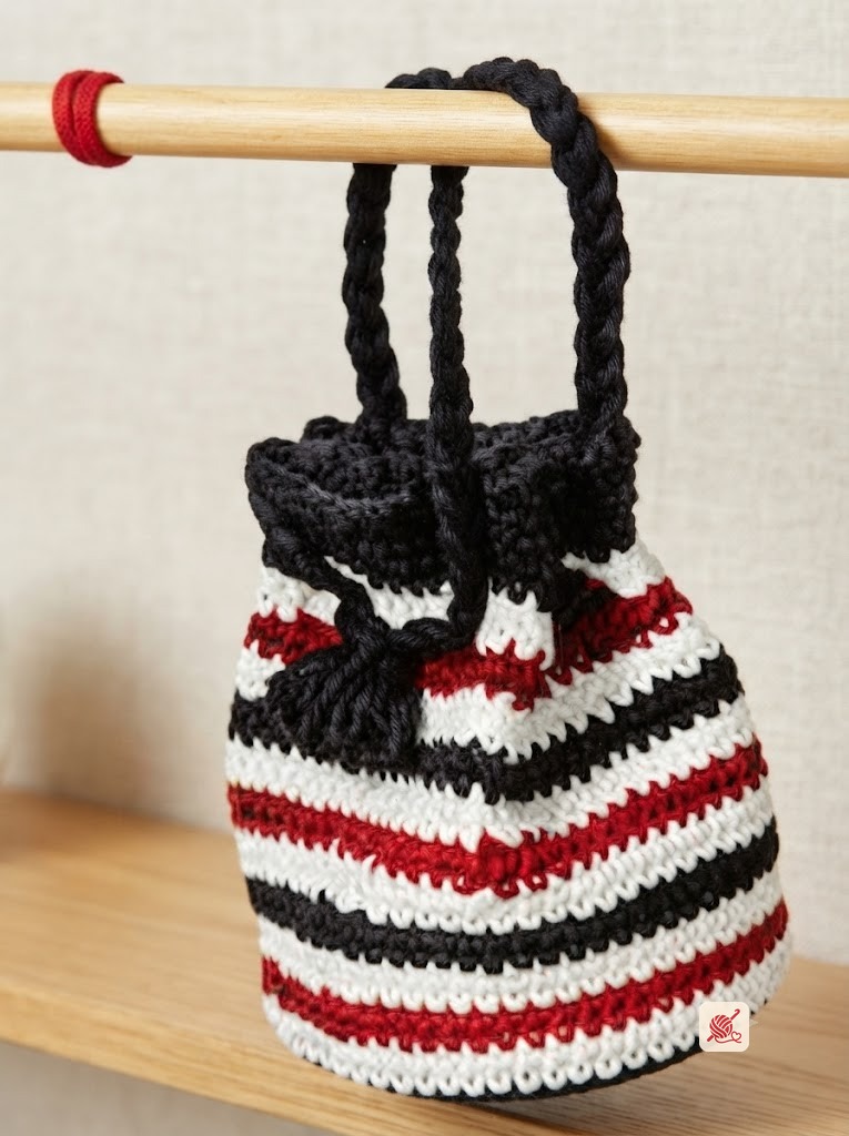 Red, White and Black Drawstring Bag crochet pattern